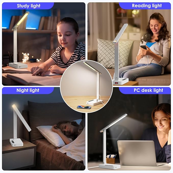 Infiway LED Desk Lamps for Home Office: Desk Lamp with USB Charging Port - 1 USB-A, 1 Type-C Ports, 2 AC Power Outlets, Touch Control Dimmable 5 Color 5 Brightness, Night Light(White) - Image 8