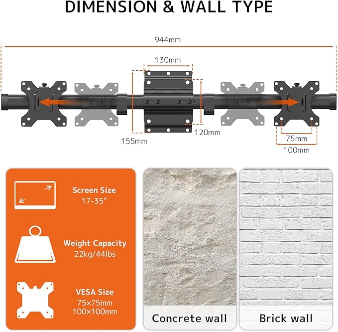 Dual Monitor Wall Mount, Horizontal Assembly Mount for 2 Monitor Screens up to 35 inches, Max. 10kg per Arm, VESA 75x75/100x100mm,Black - Image 5