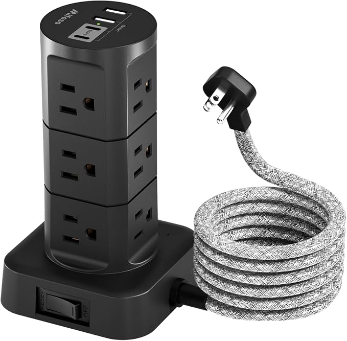 Charging Station Tower, Power Strips with Surge Protection, Flat Plug | Office Desk Supplies, Dorm Essentials, 6Ft Extension Cord with Multiple Outlets, 12 Outlets 4 USB Ports, 1875W/15A 1080J by Mifaso