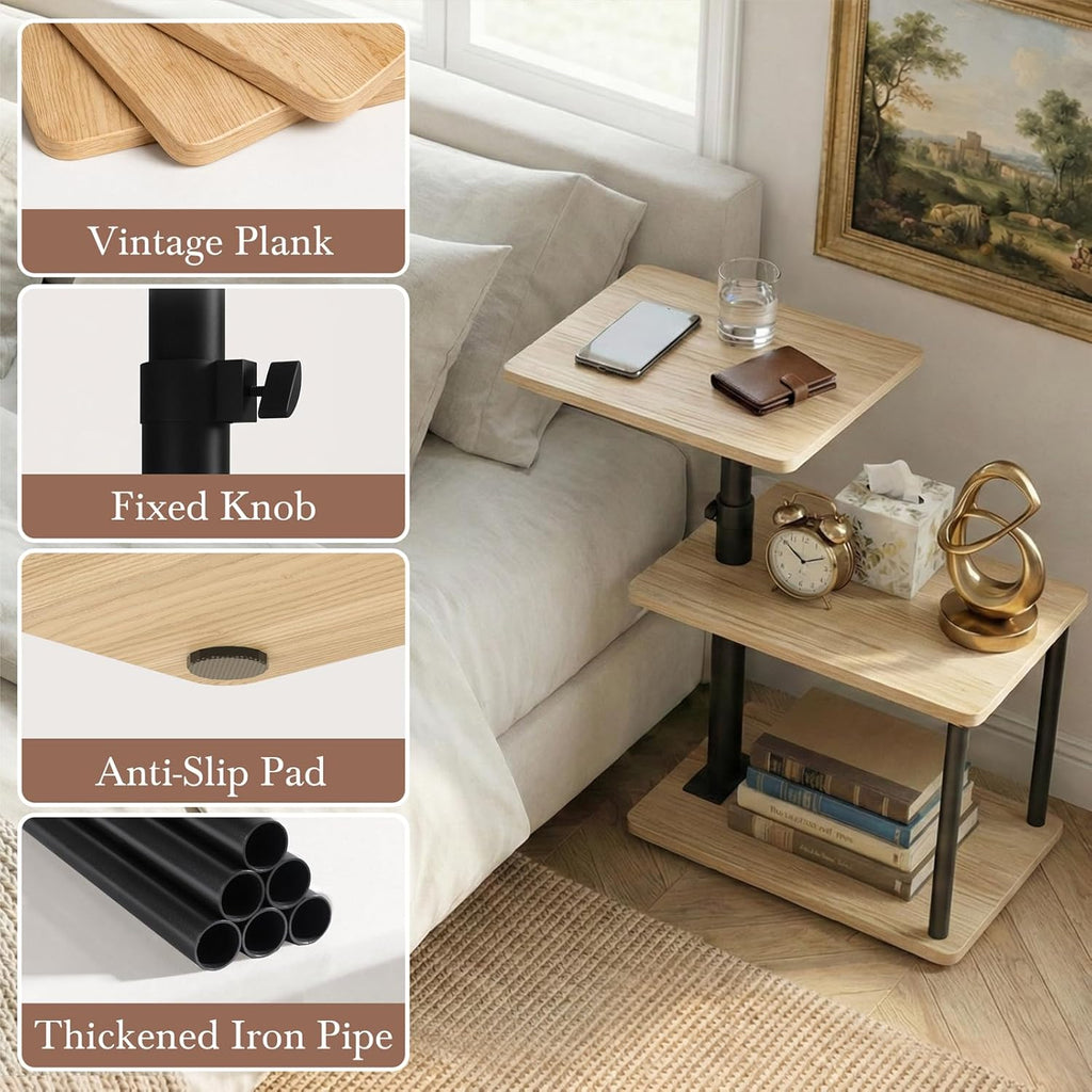 360° Swivel Side Table for Height Adjustable, C Shaped End Table for Couch with Storage, 3-Tier Night Stand with Open Shelf, Tv Tray for Small Spaces, Living Room, Bedroom, Oak - Image 7