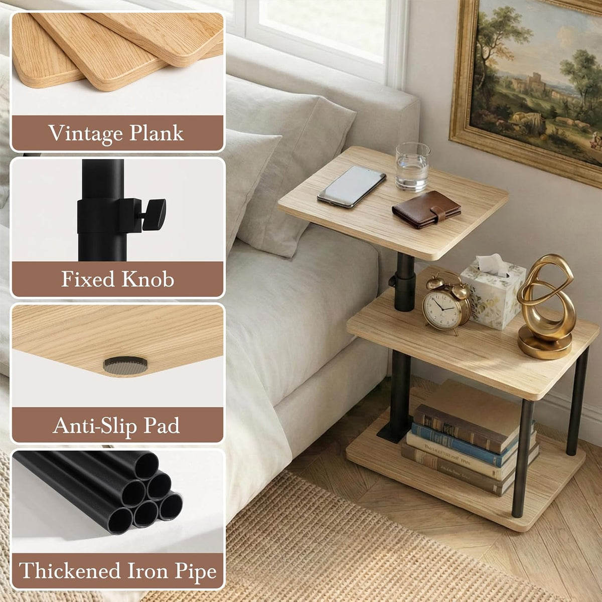 360° Swivel Side Table for Height Adjustable, C Shaped End Table for Couch with Storage, 3-Tier Night Stand with Open Shelf, Tv Tray for Small Spaces, Living Room, Bedroom, Oak - Image 7