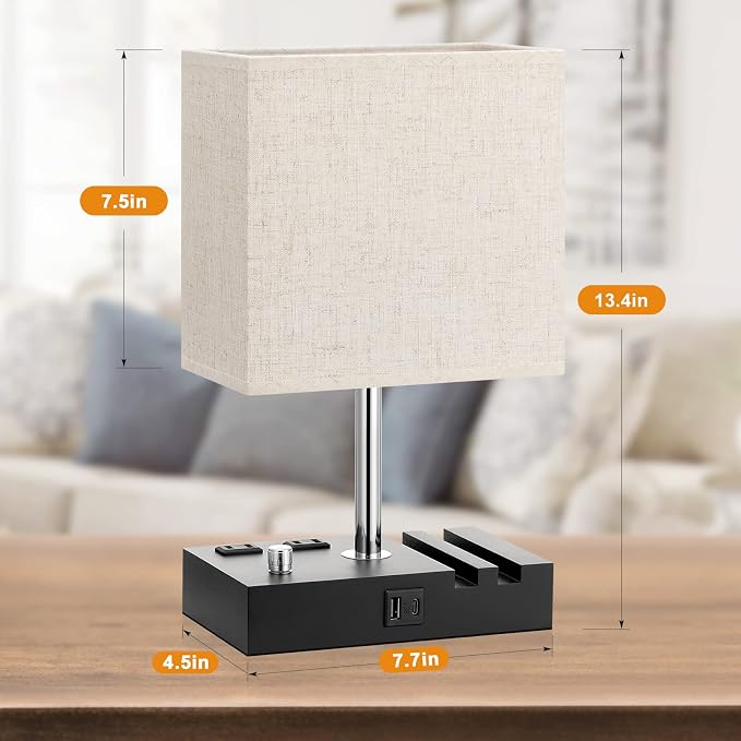 Beige Bedside Table Lamps Set of 2 - Dimmable, USB C+A, 2 AC Outlets | Dimming By Rotary Knob, USB C+A Ports, 2 Phone Stands, LED Bulbs Included, Rectangle Beige Lampshade, for Living Room, Desk - Image 7