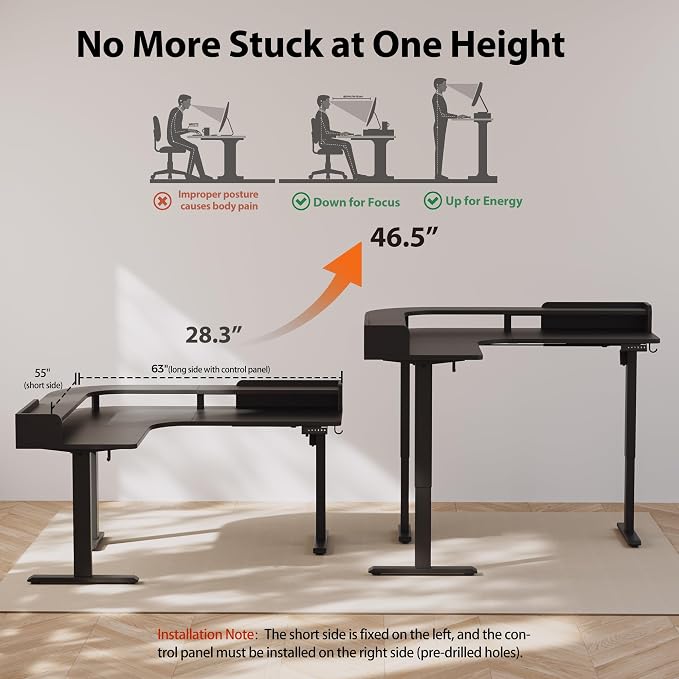 Agilestic L Shaped Standing Desk with Monitor Shelf, 63 Inch, Black | Electric Height Adjustable, Dual Monitor Setup, Spacious Corner Desktop, Sturdy Steel Frame, Memory Presets, 264 lbs - Image 4