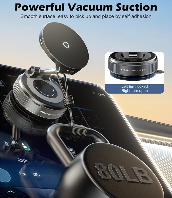 CloudValley 15W Fast Wireless Charger Car Phone Mount Charger with Type-C Fast Car Charger, Vacuum Suction Cup Magnetic Phone Holder Design for MagSafe iPhone 17 Pro Max 16-12 Series,Pixel 10 Pro XL - Image 4