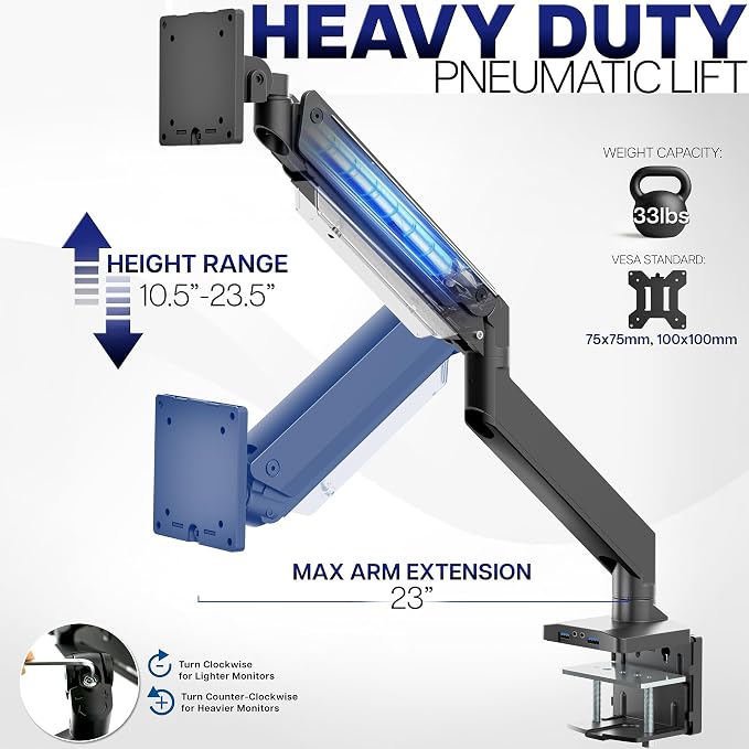 VIVO Premium Aluminum Heavy Duty Monitor Arm with 3.0 USB Ports, Fits Ultrawide Monitors up to 49 inches and 33 lbs, Single Desk Mount Stand, Pneumatic Height, Max VESA 100x100, Black, STAND-V101G1U - Image 4