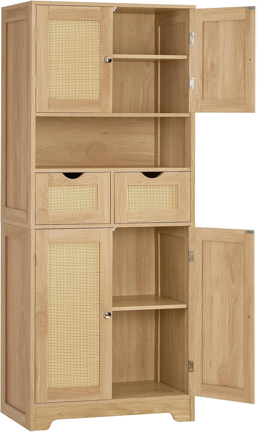 57.8" H Tall Storage Cabinet with 2 Drawers & 2 Adjustable Shelves, Rattan Cabinets with 4 Doors, Cupboard, Kitchen Cabinets, Pantry Cabinet, Tall Cabinet for Living Room, Entryway, Natural by TEENFON