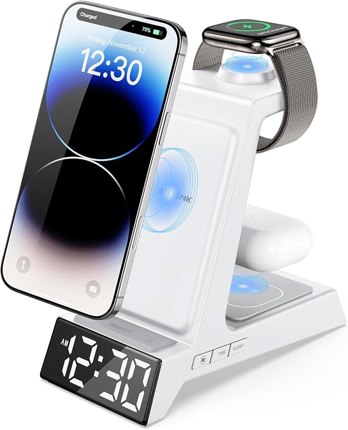 ANJANK 4 in 1 Alarm Clock with Wireless Charging, Wireless Charger Station for Multiple Devices Apple,Charging Dock for iPhone 17 16 15 14 13 12 Pro Max Series, Apple Watch, AirPods Pro 3/Pro 2/4/3/2 by ANJANK