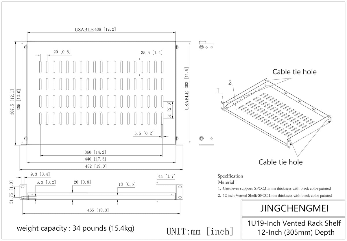 1U Vented Cantilever Server Rack Mount Shelf 12" Deep - Image 4