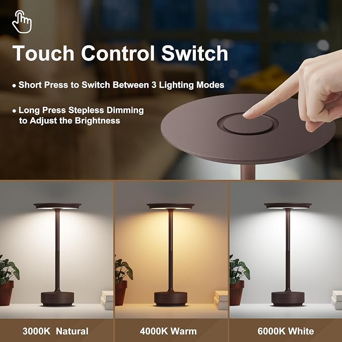 2 Pack Cordless Table Lamps Rechargeable, 5000mAh LED Table Light | Portable 3 Color Stepless Dimming Battery Powered Table Lamp with Memory Function for Restaurant/Home/Outdoor.(Rust) - Image 2