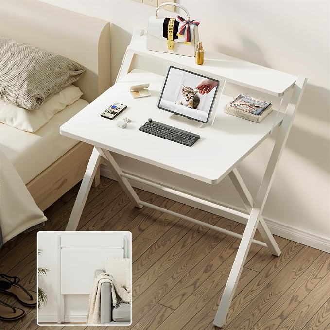 GreenForest Folding Desk No Assembly, Sturdy Computer Desk for Small Spaces | Portable Foldable Table for Laptop, 2-Tier Compact with Shelf, Space Saving for Home Office, Dorm, Apartment, 27"x 22" White - Image 7