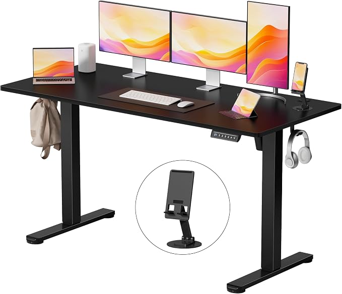 YESHOMY Height Adjustable Electric Standing Desk, 55 x 24 Inches Memory Home Office Sit Stand up Desk with Phone Holder and USB Charging Port, Black by SearchallYESHOMY