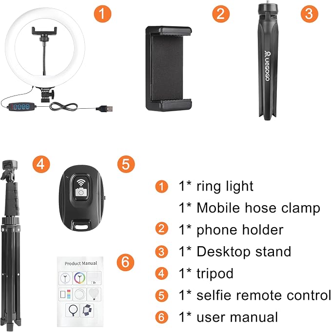 UEGOGO 10'' Ring Light with 72'' Tripod Stand, Dimmable LED Ringlight for Live Stream, Photography, Makeup, Video Recording - Image 6