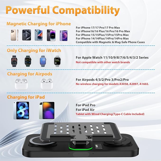 Wireless Charging Station for Apple Devices, Only for Apple Watch Charging | Included Type-C Cable for Tablet Charging, Foldable Wireless Charging Station, 7 Cycling Ambient Lights, Time Clock Display - Image 2