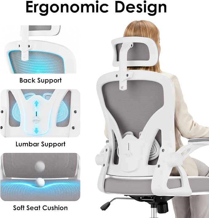 Farini Ergonomic Office Chairs with Headrest, Set of 4, White & Grey | High Back Swivel Computer Chair, Adjustable Armrests and Lumbar Support,Desk Chair for Home Office Bedroom - Image 6