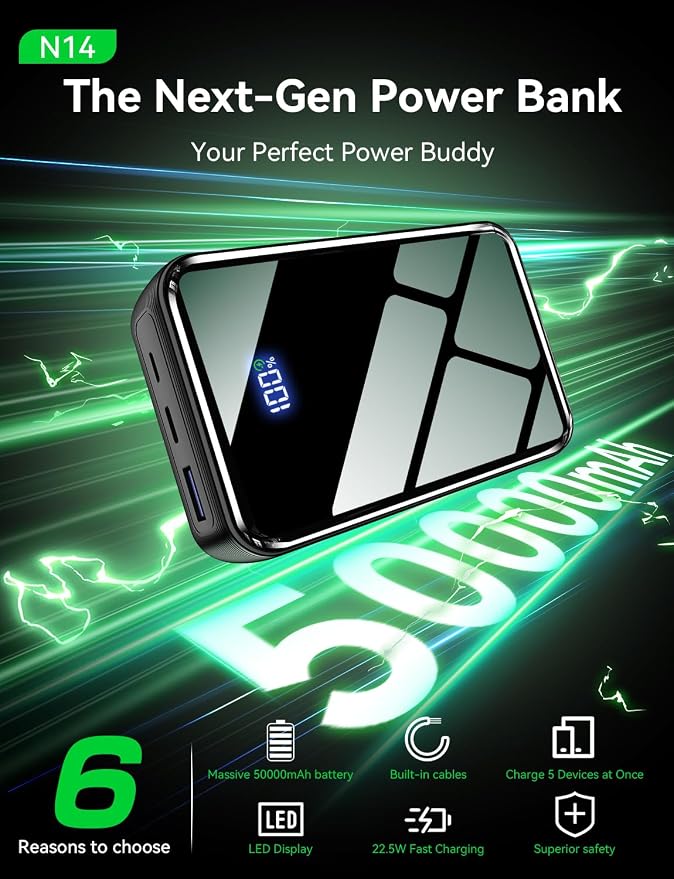 Portable Charger Power Bank 50000mAh,50% Smaller Built-in 4 Cables | 22.5W Fast-Charge,Charges 5 Devices,9.1x for iPhone 17,for Hiking, Camping, for iPhone 17-12, for Samsung/Android/iPad - Image 4