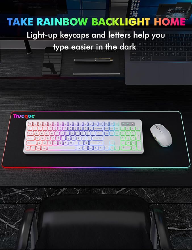 Wireless Keyboard and Mouse Combo with RGB Backlit, Rechargeable | Light Up Letters, Full-Size, Soft Typing, Sleep Mode, 2.4GHz Quiet Keyboard Set for Mac, Windows, Laptop, PC, Trueque KM42Pro - Image 7