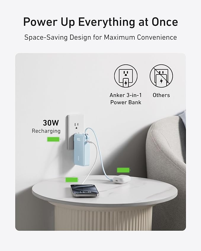 Anker Nano 3-in-1 Portable Charger,10,000mAh 30W Travel Power Bank | Battery Pack with Built-In USB-C Cable and Foldable Wall Plug, for iPhone 17 / 16 / 15 Series (Blue) - Image 5