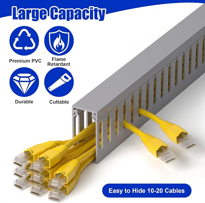 ZhiYo 2" H x 1" W Cable Management Raceway, 99in Under Desk Channel, Grey | Slotted Wire Duct, 6Pack, 16.5in Each, Heavy-Duty PVC Cable Management for Server Racks, Network Cables & Electrical Cabinets - Image 3