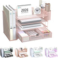 WALI Desk File Organizer, 4 Tier Desktop Paper Letter Tray Organizer with Drawer and 2 Pen Holders, Office Desk Accessories & Workspace Organizers for Office, Home Supplies(DO005DH-P), 1 Pack, Pink by WALI