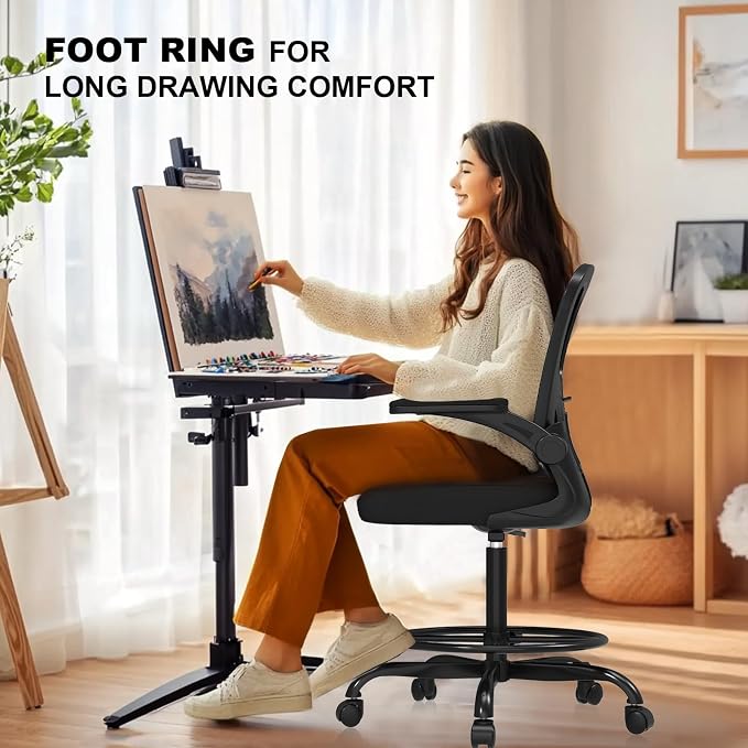 Ergonomic Tall Drafting Chair-Mesh Desk Chair with Flip-Up Arms | Adjustable Height,Lumbar Support,Adjustable Footrest Ring,Standing Desk,Breathable Backrest - Image 5