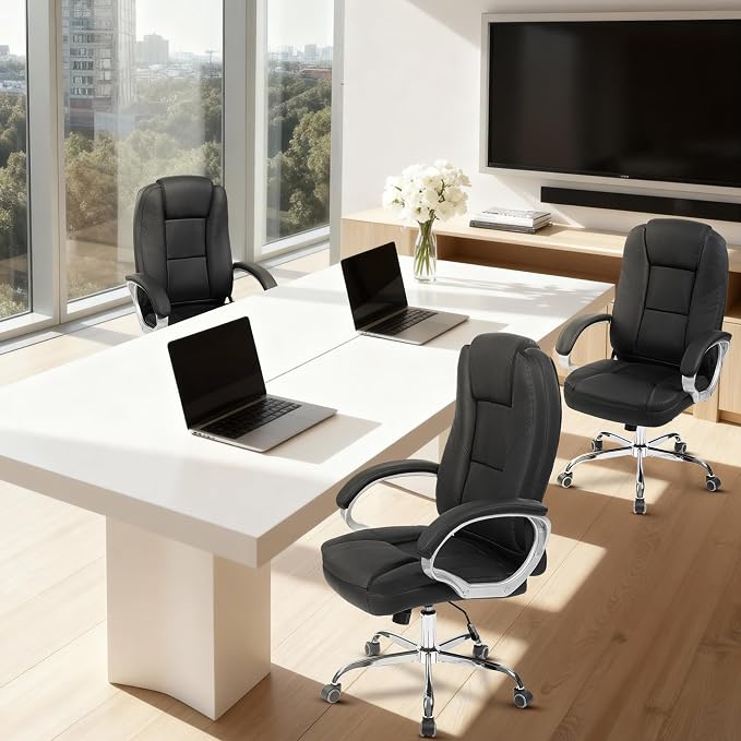 NEO CHAIR Office Desk Chair PU Leather Chair with Lumbar Support, Jet Black | Ergonomic High Back Executive Computer Chair, Comfortable Padded Fixed Armrests Swivel Chair with Wheels for Office/Home - Image 9