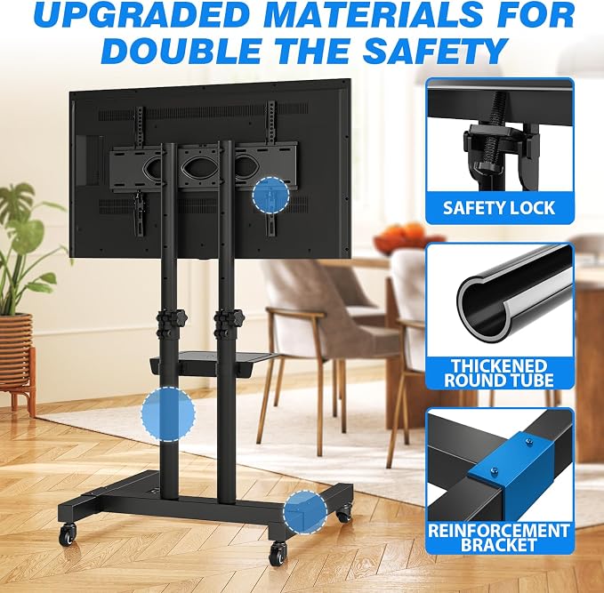 Rfiver Mobile TV Cart Rolling TV Stand for 32-83 Inch Screens up to 110lbs | Portable TV Stand on Wheels with Height Adjustable Shelf, Outdoor TV Stands Mount for Home Office MAX VESA 600x400mm, Black - Image 7