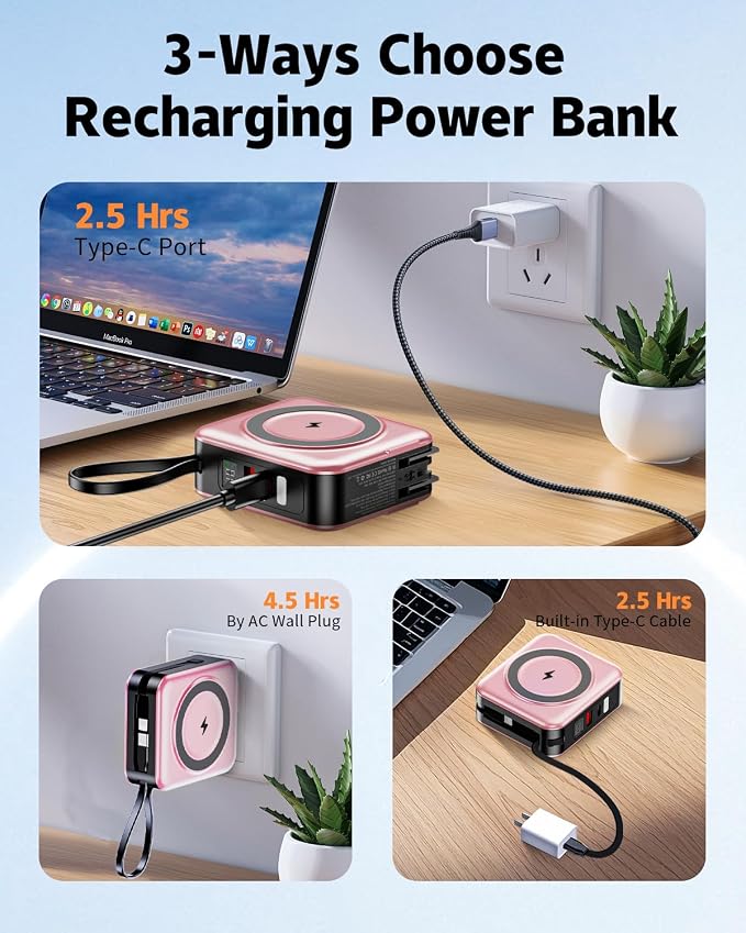 for Magsafe Portable Charger with Built-in Cables and AC Wall Plug, 10000mAh Magnetic Wireless Power Bank 22.5W Type-C in & Out Fast Charging Battery Pack for iPhone 17/16/15/14/13/12 Series, Pink - Image 5