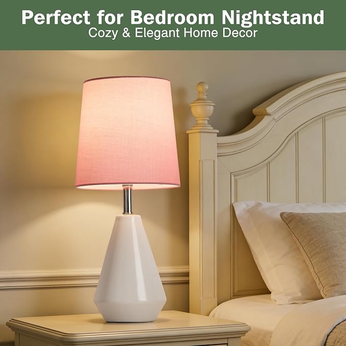 Small Bedside Table Lamp for Bedroom-Reading Desk Lamp Set of 2,with 3 Color Temperatures,15.5" Nightstand Ceramic Lamp with Fabric Shade for Kids Room,Living Room,Dorm,Home Office - Image 3