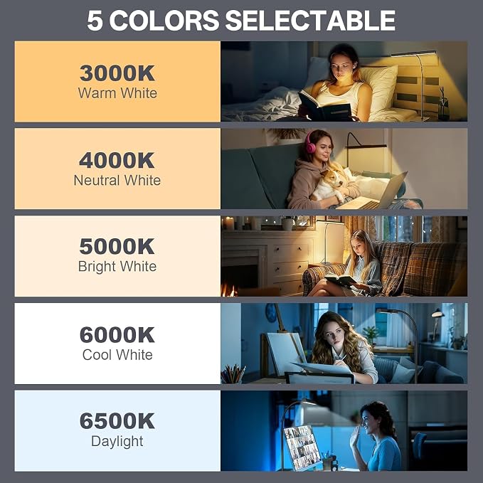 Kary 12W LED Desk Lamp for Home Office, Flexible Gooseneck Task Light Tall | Eye-Caring, Touch Control, 5 Dimmable Color & Brightness, Metal Base, 45 Min Timer, Memory Function, USB Adapter - Image 5