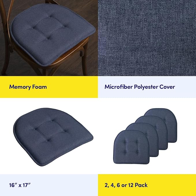 Sweet Home Collection Chair Cushion Memory Foam Pads Tufted Slip Non Skid Rubber Back U-Shaped 17" x 16" Seat Cover, 12 Count (Pack of 1), Denim Blue - Image 6