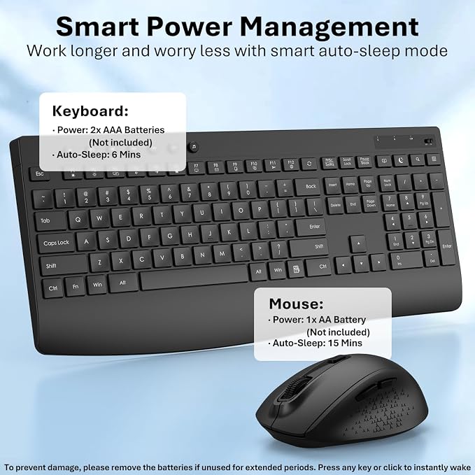 Full-Size Silent Wireless Keyboard and Mouse Combo with Palm Rest | 30dB quiet keys, silent clicks, 12-month battery, 1.4-in rear lift, 12 hotkeys, auto sleep, 2.4G receiver, Win/macOS/ChromeOS - Image 7