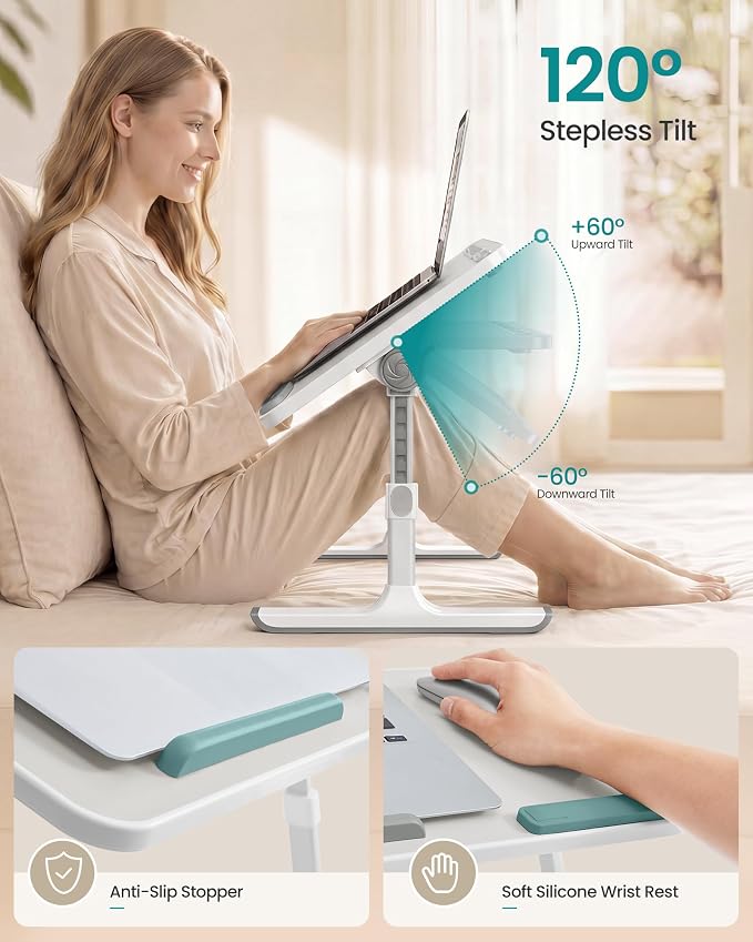 SONGMICS Bed Laptop Desk, Adjustable Laptop Desk for Bed with 8 Heights, Portable Foldable Bed Table, for Bedroom and Living Room, 23.6 x 15.7 x 9.8 Inches, Gray ULLD118G101 - Image 3