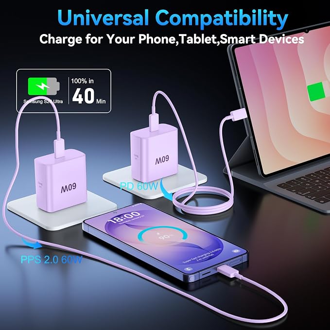 Super Fast Charger Type C 60W USB C Fast Charger Block with 10FT Extra Long Type-C Charging Cord-Super Fast Charging 3.0 for Samsung Galaxy S26 Ultra/S26/S26+/S25 /S24/S23 Ultra-Light Purple - Image 4