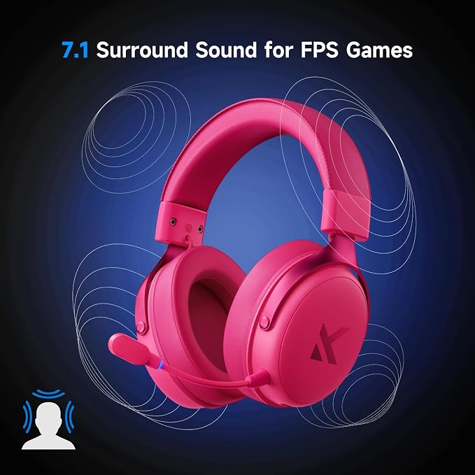 MCHOSE V9 PRO Wireless Gaming Headset 7.1 Surround Sound for PS5 PS4 PC Switch TOPSPEED Gaming Headphones, Noise Canceling Mic, 250Hr Battery, Low 15ms Latency, Lightweight, BT 5.3 FPS Games Rose&Red - Image 3
