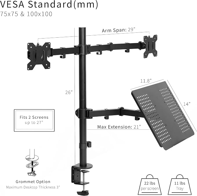 VIVO Laptop and Dual 13 to 27 inch LCD Monitor Stand up Desk Mount, Tall Adjustable Stand, Fits Laptops up to 17 inches, Black, STAND-V012J - Image 3