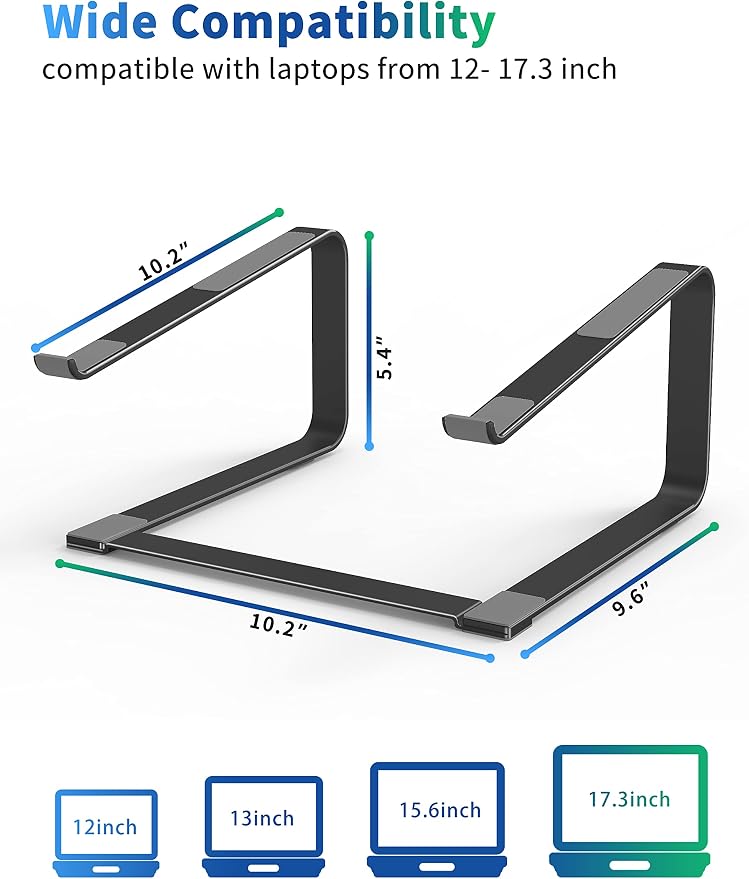 SOUNDANCE Laptop Stand for Desk, Ergonomic Metal Computer Riser for 12-17.3 Inch Laptops, Heavy Duty Stable Desktop Holder, Improves Eye Level & Workspace Organization, Black - Image 2