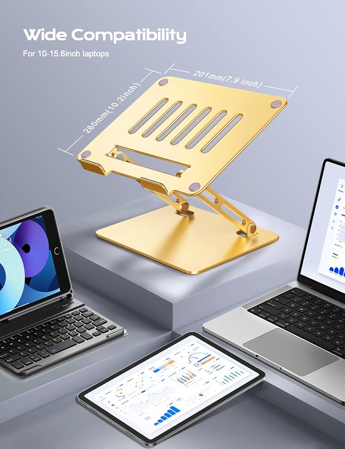 LOXP Aluminum Laptop Stand, Adjustable Laptop Stand for Desk Foldable | Portable Laptop Riser, Ergonomic Computer Notebook Holder for Desk, Office Desk Accessories (10-15.6'') - Gold - Image 6