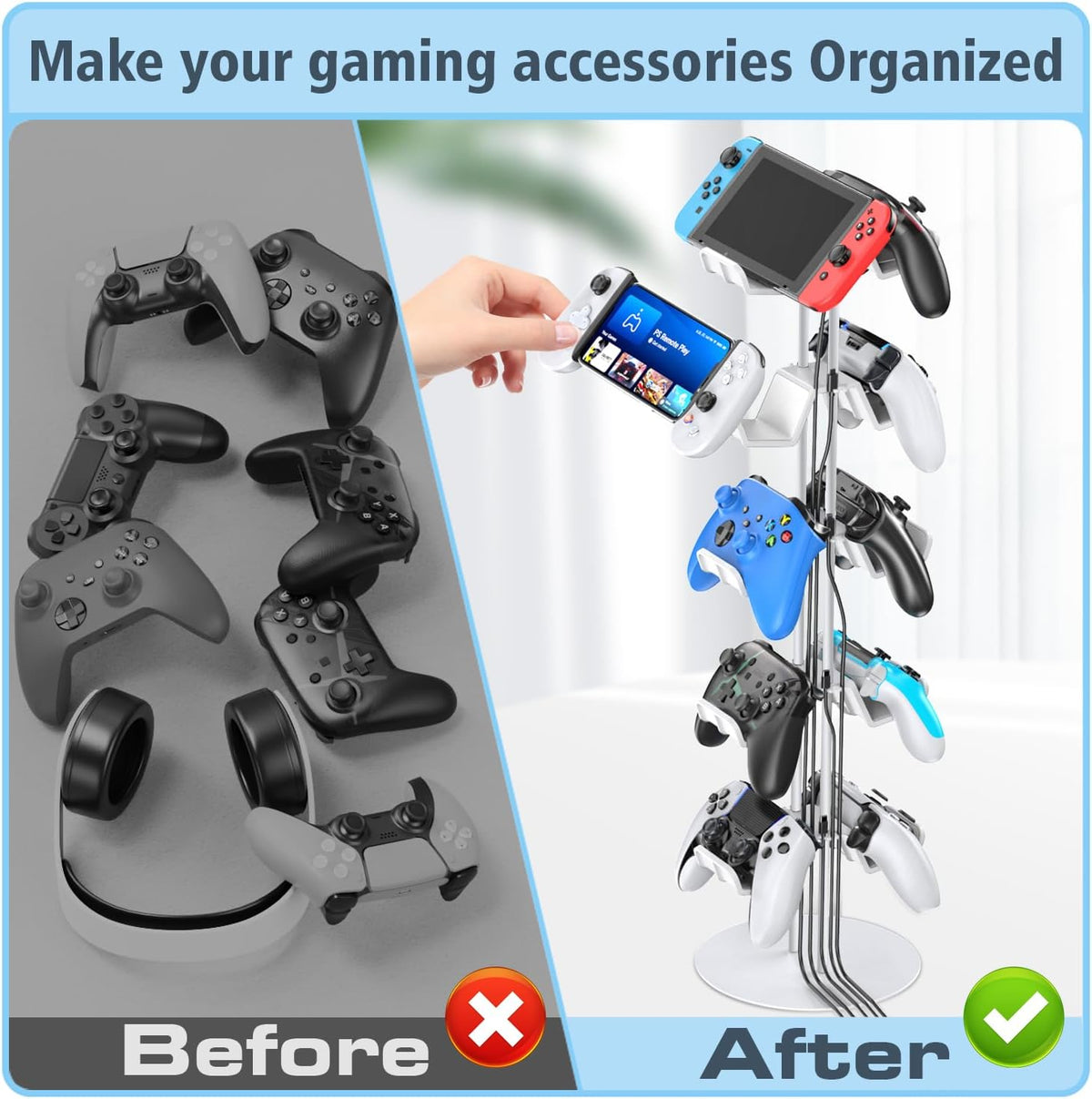 Kytok Gamer Gifts, Headset Stand 5 Tiers with Cable Organizer, Controller Stand Compatible with PS5/Xbox/Nintendo Switch/PS Portal/PS4, Headset Holder & Controller Holder for 10 Packs Controller - Image 6