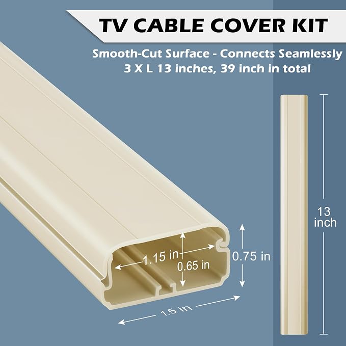 39in TV Cord Hider - Cord Covers for Wall Mounted TV Cable Hider Wall Kit | 1.5"W*0.75"H*13inL*3, Wire Hiders for TV on Wall, Wire Covers for Cords, Cable Concealer Hide Cords, Beige - Image 3