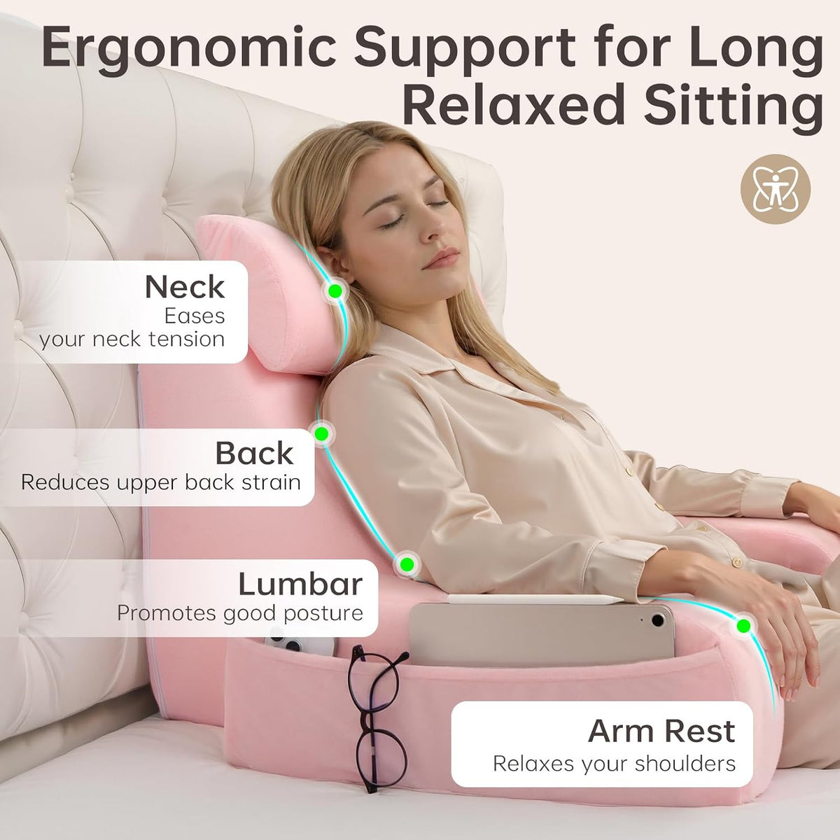 19" Reading Pillow for Bed with Firm Back Support & Big Pockets - Image 2