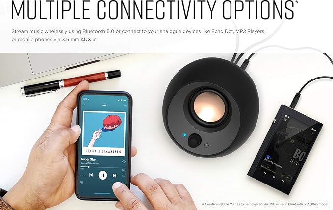 Creative Pebble V3, 2.0 USB-C Desktop Speakers, Bluetooth 5.0, Black | Bluetooth 5.0, USB-C, 2.0 Speaker, Clear Dialog, 8W RMS, USB-A Adapter, Desktop Speakers, Stereo, Black - Image 6