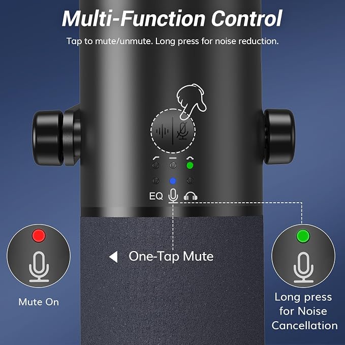 TONOR Dynamic Podcast Microphone for Studio, Cardioid XLR/USB Mic, AI Noise Cancellation, Tap Mute, 3.5mm Headphone Jack for Monitoring, Volume Control, Microfono with Desktop Stand, Black, TD510 AIR - Image 7