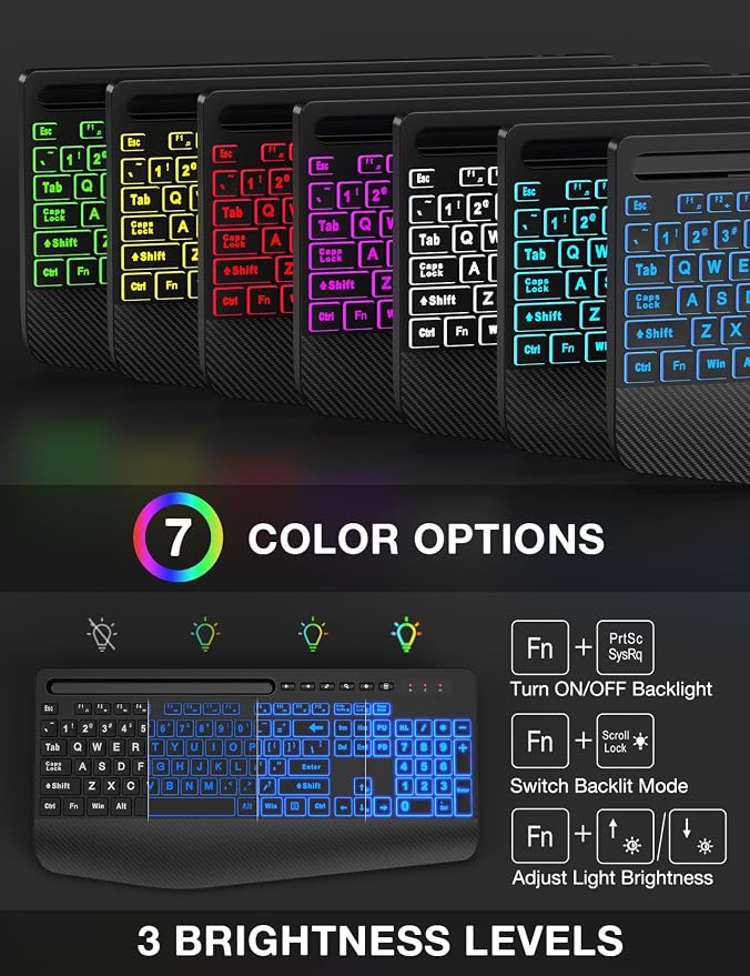 Wireless Keyboard and Mouse Combo, 9 Backlit Effects, Large Print | Phone Holder, 2.4G Lag-Free Ergonomic Keyboards, KM22 MAX Rechargeable Easy to See Set for Computer, Laptop, PC - Image 3