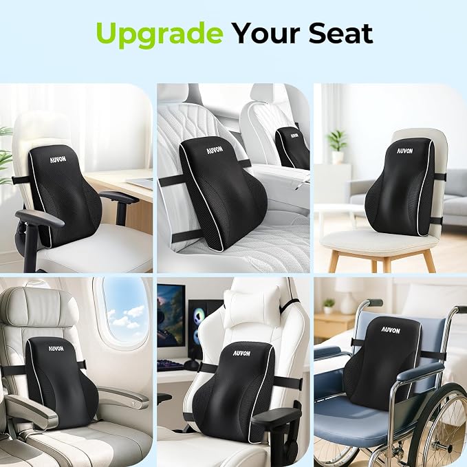 AUVON Office Lumbar Support Pillow with Patented Bulge for Back Support | Ergonomic Office Home Essentials Improve Posture, Memory Foam Chair Cushion for Home, Office, Car, Mesh Cover, Double Straps - Image 5