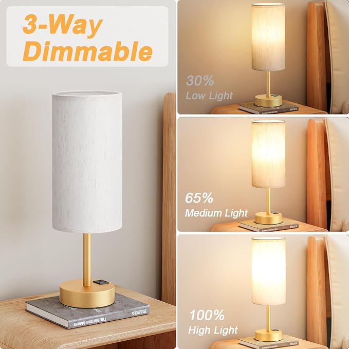 Touch Bedside Lamps for Nightstand - 14" Gold Desk Lamp with USB Ports | USB A+C Ports, 3-Way Dimmable, LED Bulb Included, White Fabric Shade, Gold Brass Base, 14" Night Stand Lamp for Apartment - Image 2