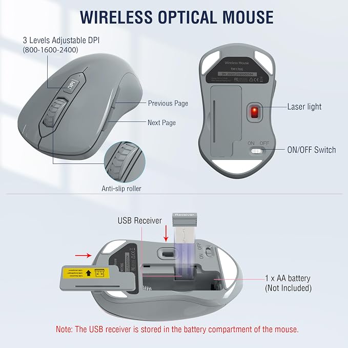 Wireless Keyboard and Mouse Combo, EDJO 2.4G Full-Sized Ergonomic Computer Keyboard with Wrist Rest and 3 Level DPI Adjustable Wireless Mouse for Windows, Mac OS Desktop/Laptop/PC(Grey) - Image 5