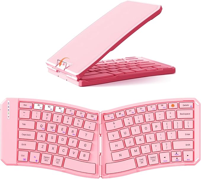 MEETION Foldable Ergonomic Bluetooth Keyboard, Split, Portable, Pink | Compact rechargeable folding keyboard with split ergonomic design, ideal for business travel, for Windows, Mac, iPad, Android by MEETION