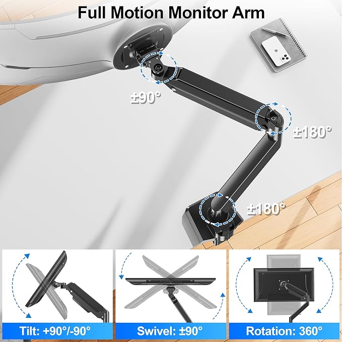 Heavy Duty Monitor Mount for Max 49" Ultrawide Screens | Hold up to 44 lbs, Premium Single Monitor Arm for Samsung Odyssey G9 and More, Adjustable Gas Spring Desk Stand, VESA Mount - Image 3