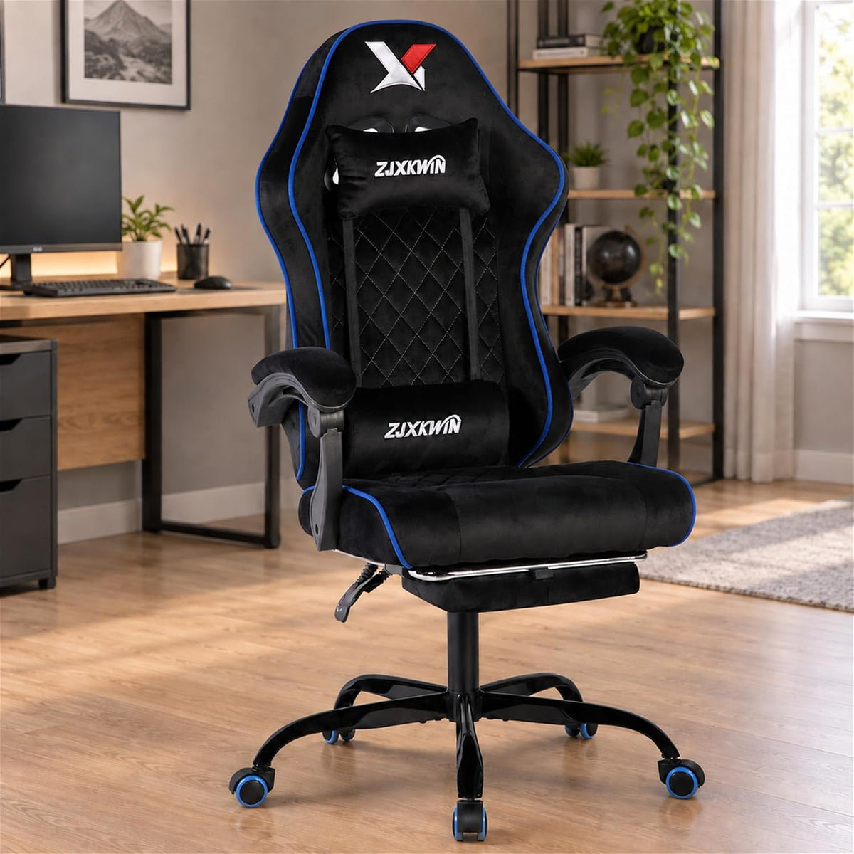 Reclining Gaming Chair, 400 lb Wide Seat with Footrest & Pocket Spring by ZJXKWIN