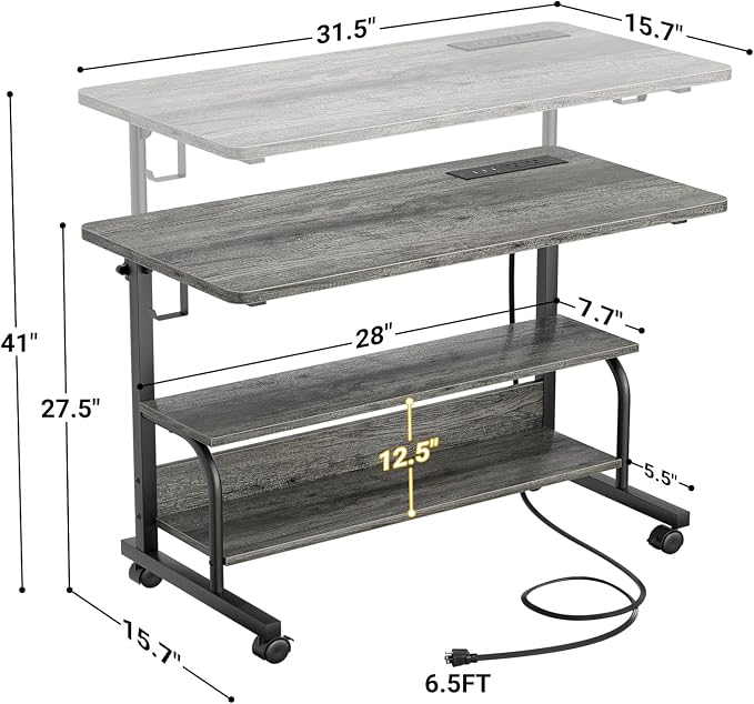 32" Height Adjustable Standing Desk with Power Outlets - Manual Rolling Stand Up Desk with Wheels Small Portable Computer Desk Mobile Laptop Table with Storage Shelves for Home Office, Grey Oak - Image 3